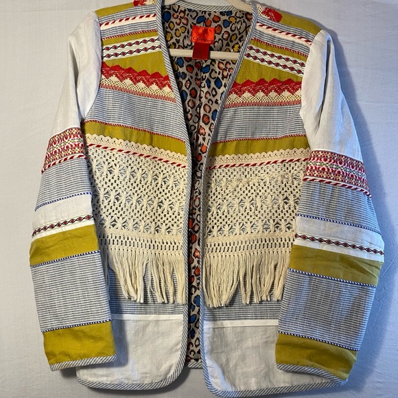 V Christina Boho Linen Jacket 70’s Fringe Prairie Lagenlook Artsy Grannie M, Y2K - Picture 1 of 10